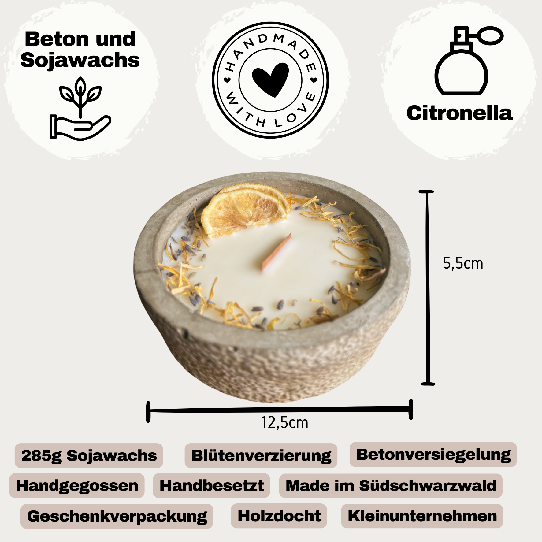 Black Edition HANDGEMACHTE Citronella BETONKERZE - Stilvolle Sojawachskerze für Ihr Zuhause. Outdoor Kerze mit Blütenverzierung und HOCHWERTIGEM Holzdocht aus dem Südschwarzwald 