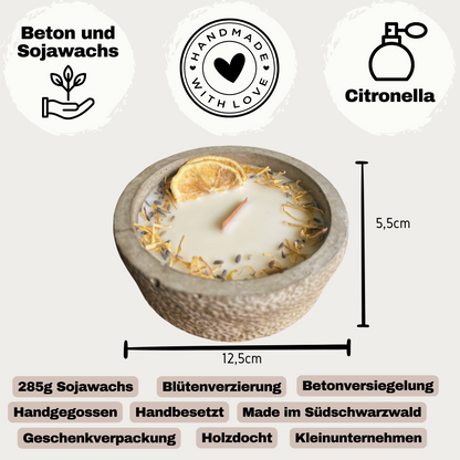 Black Edition HANDGEMACHTE Citronella BETONKERZE - Stilvolle Sojawachskerze für Ihr Zuhause. Outdoor Kerze mit Blütenverzierung und HOCHWERTIGEM Holzdocht aus dem Südschwarzwald 
