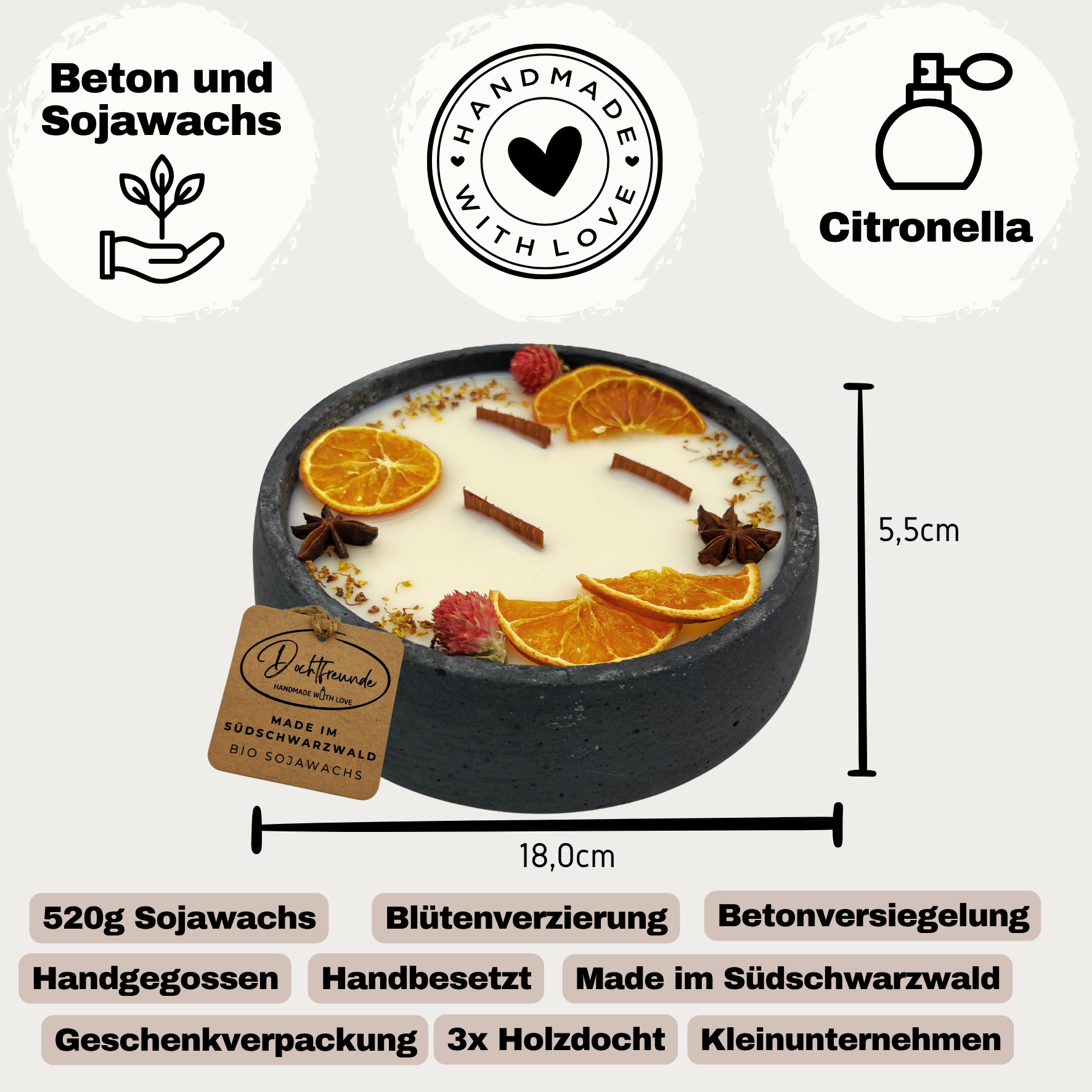Handbesetze XXL Outdoor Citronella-Betonkerze Black Edition „Big Black - Mugge Schreck“ – Mit drei Holdochten - Handgemachter Insektenschutz aus dem Südschwarzwald mit Blütenverzierung 