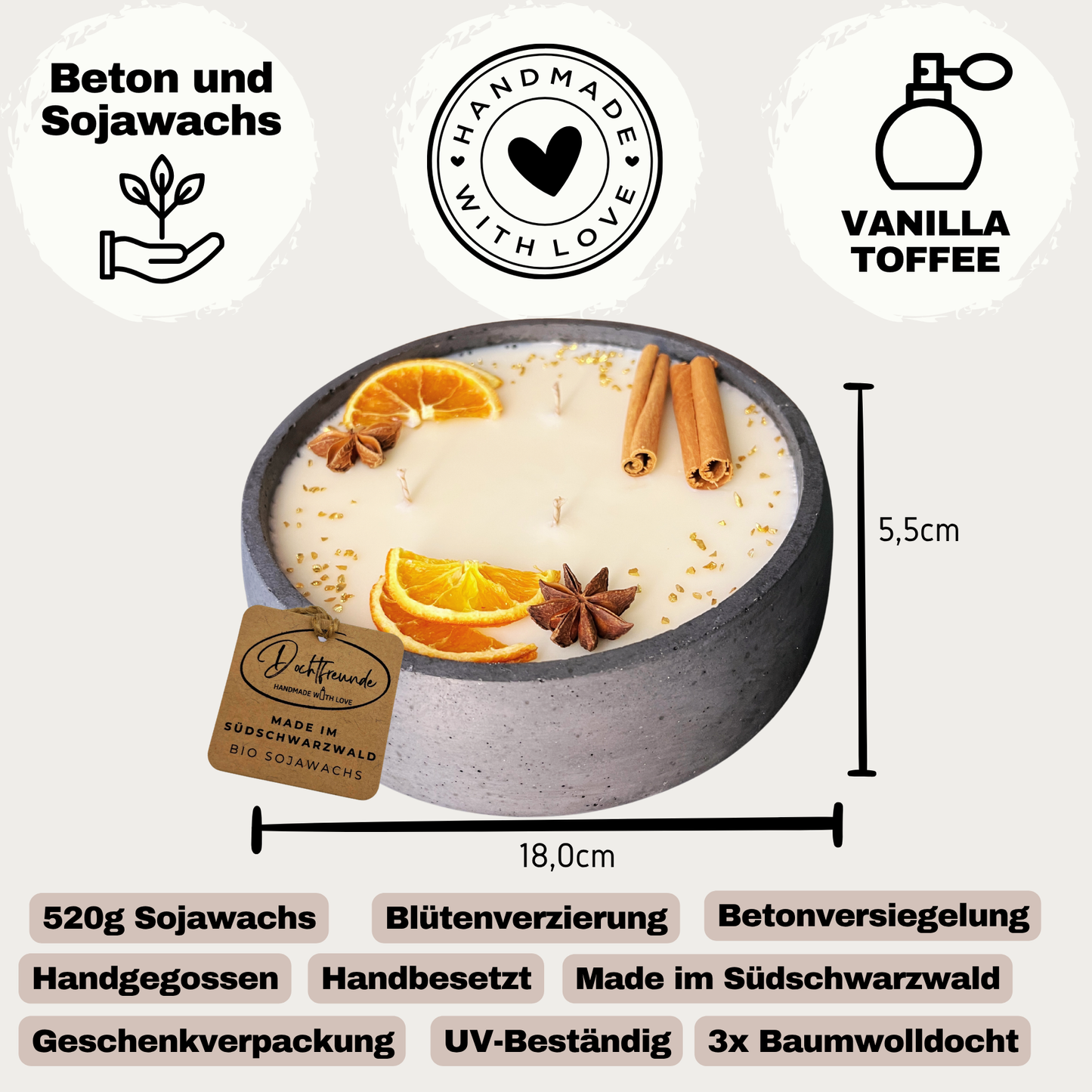 Handgemachte Betonkerze "Big Black"  Duft Vanilla Toffee von DochtFreunde 