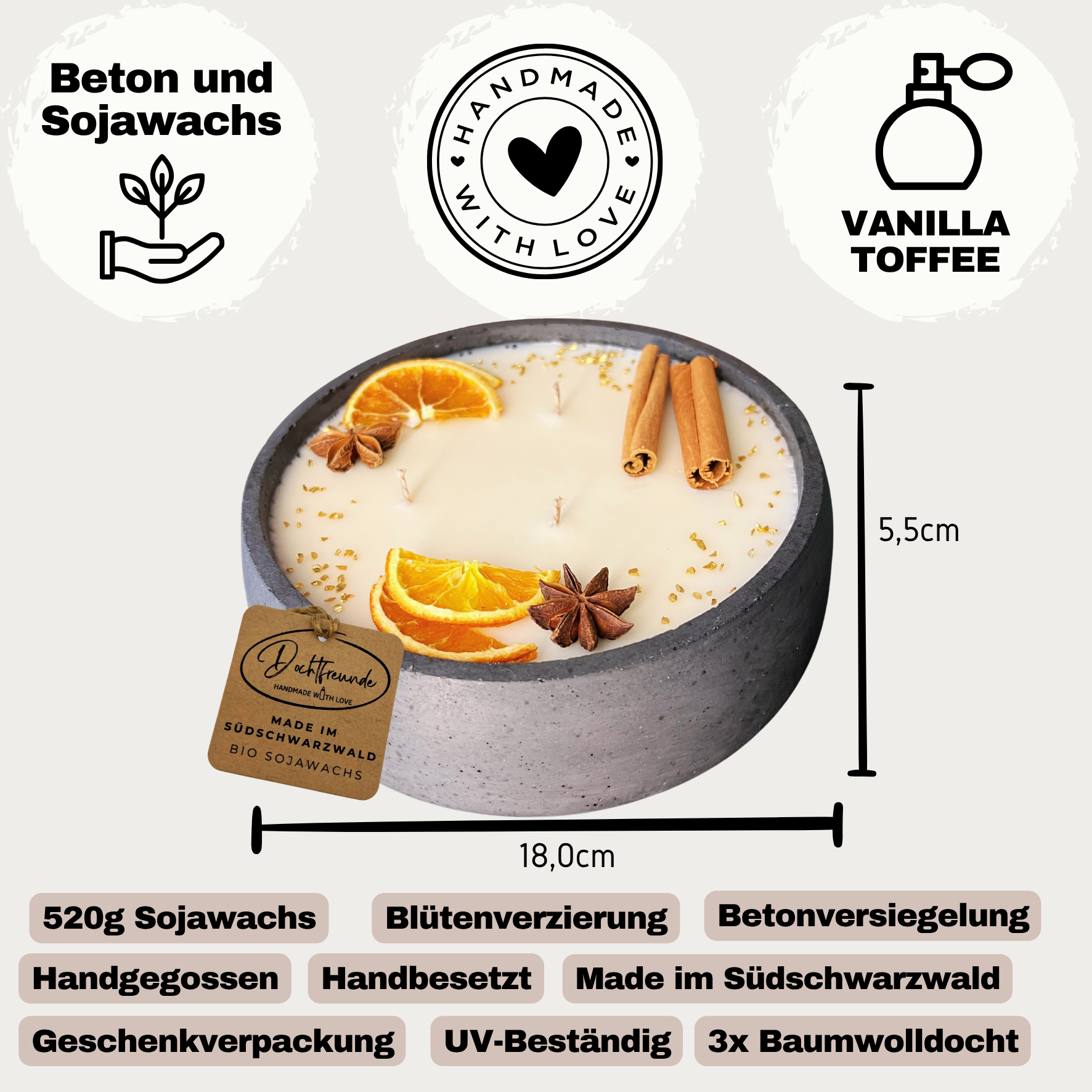 Handgemachte Betonkerze "Big Black"  Duft Vanilla Toffee von DochtFreunde 