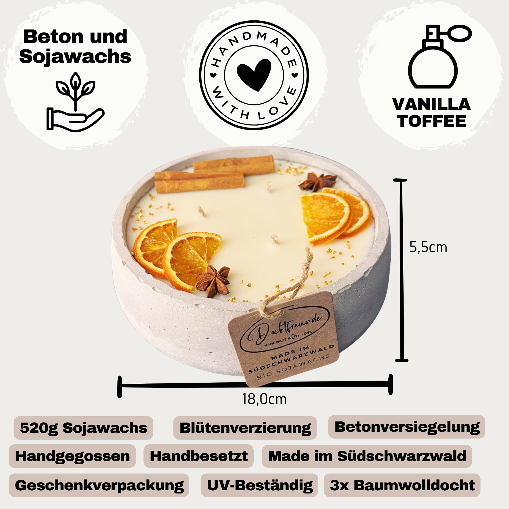 Handgemachte Betonkerze "Big Grey" 3x Baumwolldocht mit Duft Vanilla Toffee von DochtFreunde 