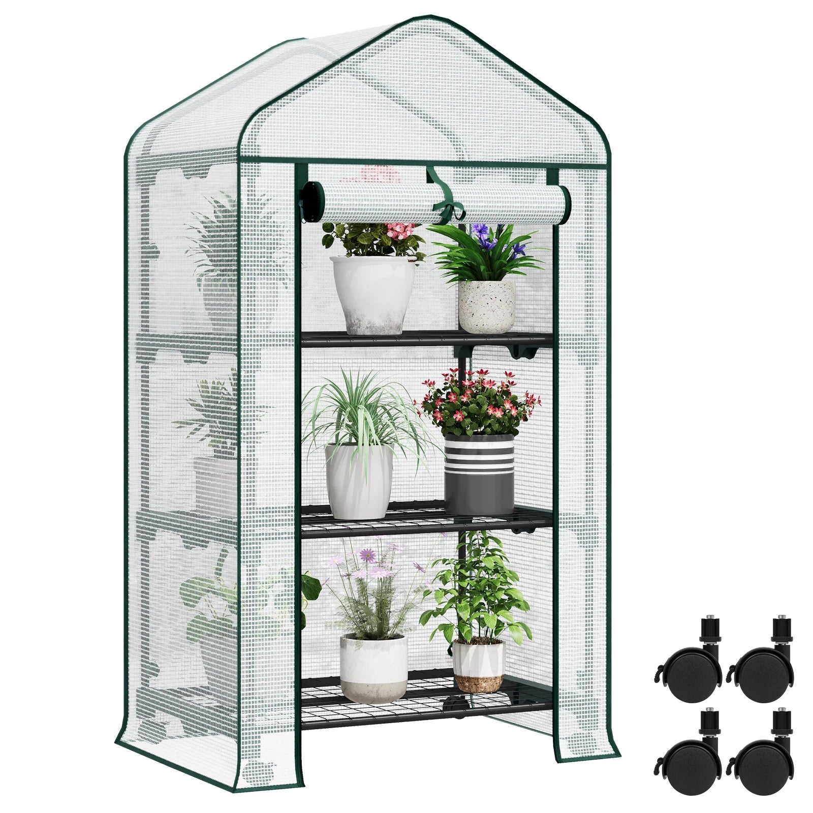 WOLTU Garden Greenhouse Plants Flowers House with Wheels Roll-Up Door 3 Shelves Winter Protection Outdoor 