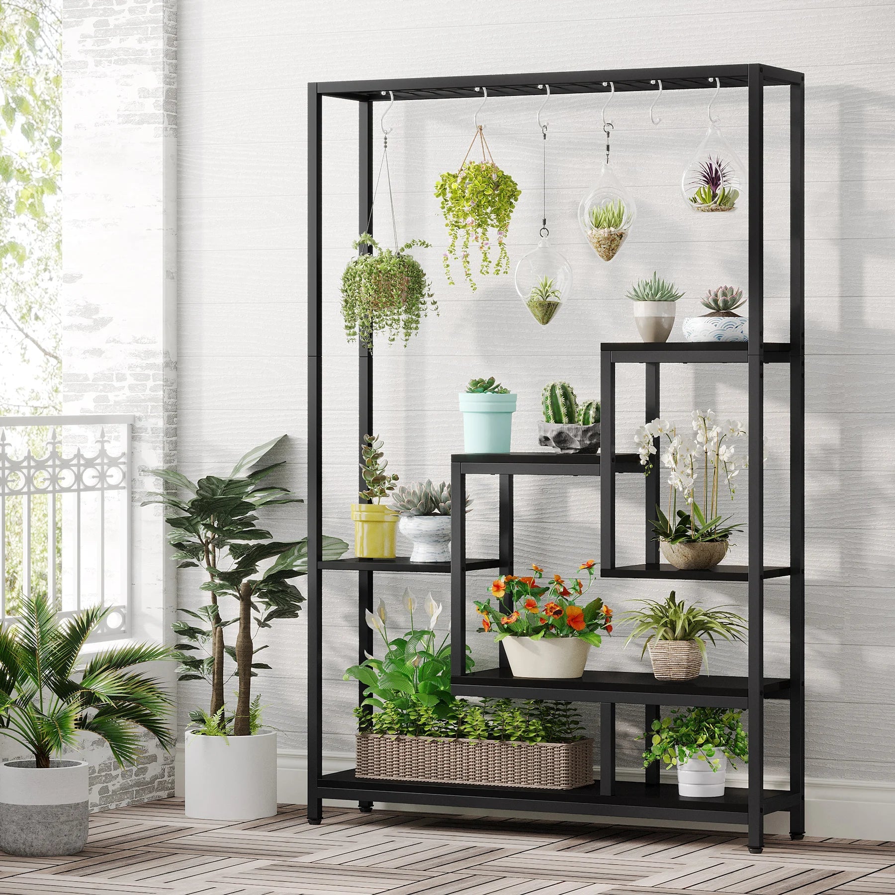 Tribesigns 5 Tiers Tall Indoor Plant Stand 70.9 inches Large Metal Plant Shelf with 10 PC S Hanging Hooks for Garden 