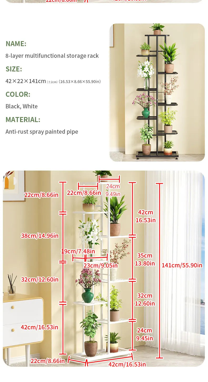 Pflanzenregal Metall schwarz mit 6/7/8 Ebenen – Blumenständer Eisen Pflanzständer für drinnen & draußen – Pflanzenhalter Regal für Garten, Balkon & Wohnzimmer 