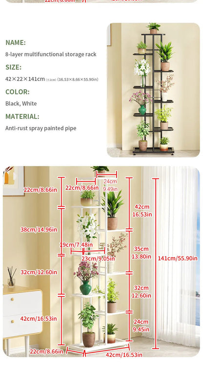 Pflanzenregal Metall schwarz mit 6/7/8 Ebenen – Blumenständer Eisen Pflanzständer für drinnen & draußen – Pflanzenhalter Regal für Garten, Balkon & Wohnzimmer 