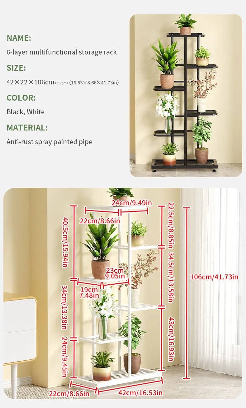 Pflanzenregal Metall schwarz mit 6/7/8 Ebenen – Blumenständer Eisen Pflanzständer für drinnen & draußen – Pflanzenhalter Regal für Garten, Balkon & Wohnzimmer 