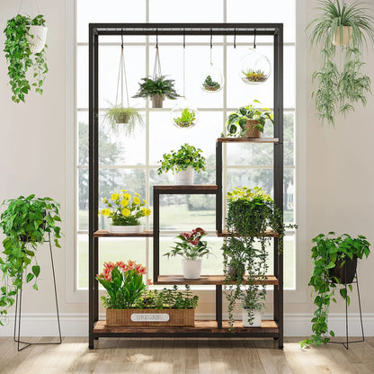 Tribesigns 5 Tiers Tall Indoor Plant Stand 70.9 inches Large Metal Plant Shelf with 10 PC S Hanging Hooks for Garden 
