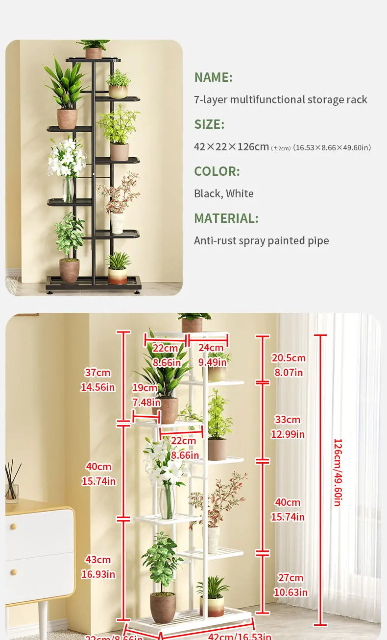 Pflanzenregal Metall schwarz mit 6/7/8 Ebenen – Blumenständer Eisen Pflanzständer für drinnen & draußen – Pflanzenhalter Regal für Garten, Balkon & Wohnzimmer 