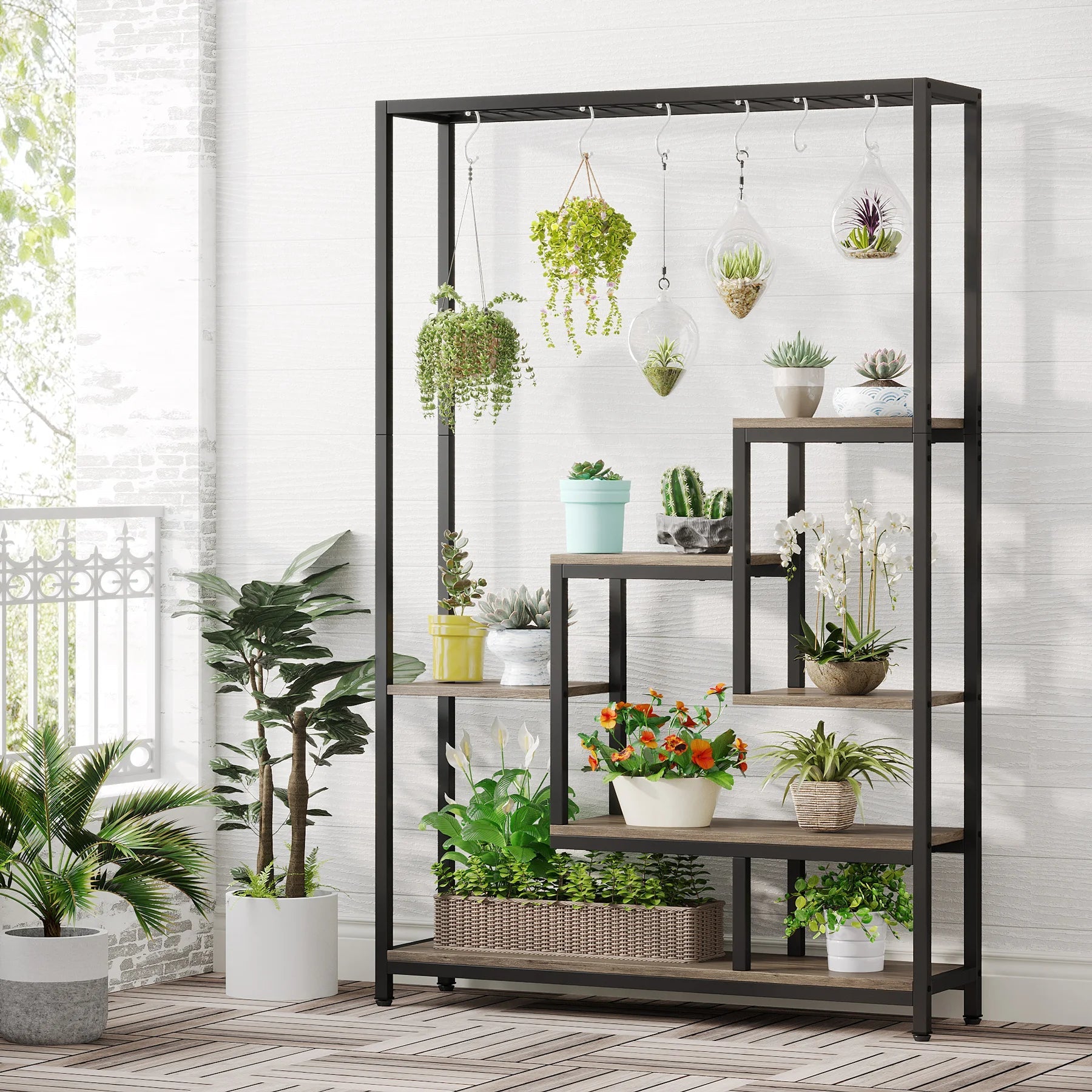 Tribesigns 5 Tiers Tall Indoor Plant Stand 70.9 inches Large Metal Plant Shelf with 10 PC S Hanging Hooks for Garden 