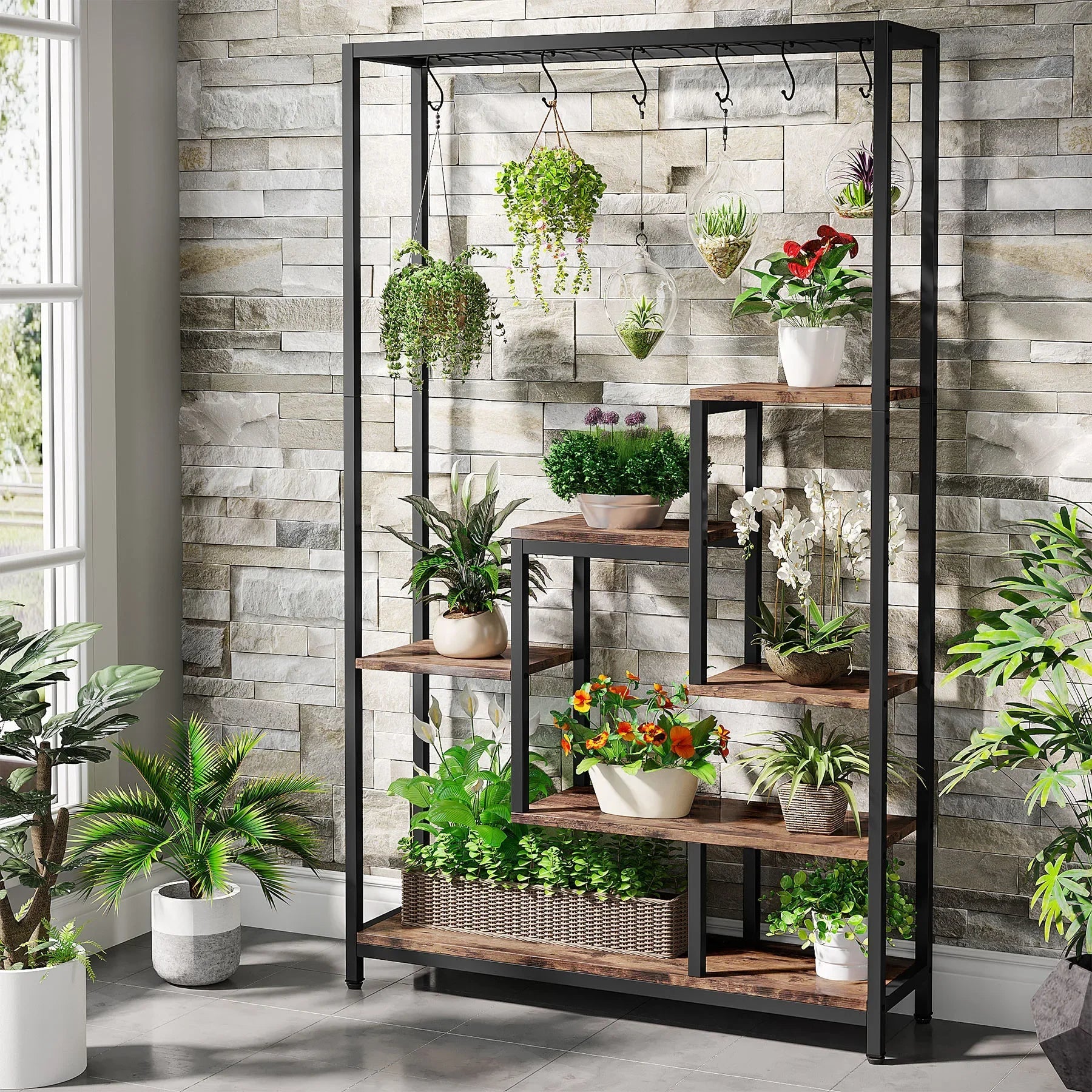 Tribesigns 5 Tiers Tall Indoor Plant Stand 70.9 inches Large Metal Plant Shelf with 10 PC S Hanging Hooks for Garden 