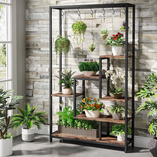Tribesigns 5 Tiers Tall Indoor Plant Stand 70.9 inches Large Metal Plant Shelf with 10 PC S Hanging Hooks for Garden 