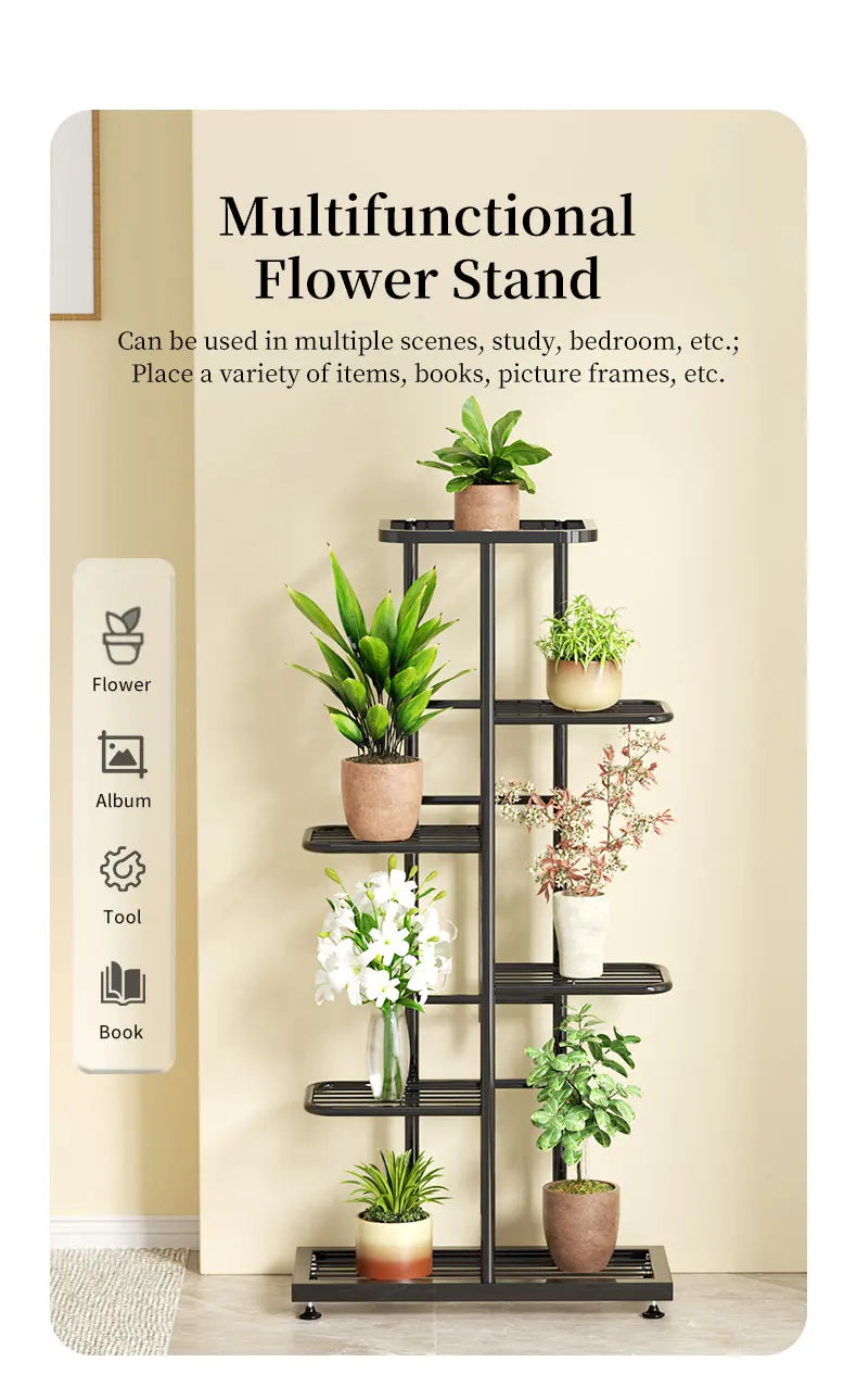 Pflanzenregal Metall schwarz mit 6/7/8 Ebenen – Blumenständer Eisen Pflanzständer für drinnen & draußen – Pflanzenhalter Regal für Garten, Balkon & Wohnzimmer 