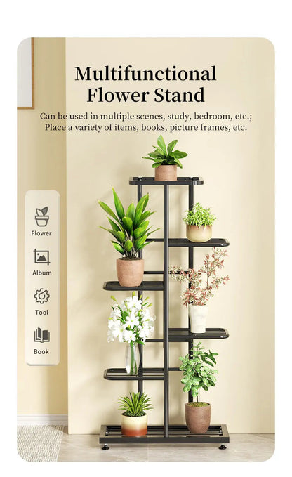 Pflanzenregal Metall schwarz mit 6/7/8 Ebenen – Blumenständer Eisen Pflanzständer für drinnen & draußen – Pflanzenhalter Regal für Garten, Balkon & Wohnzimmer 