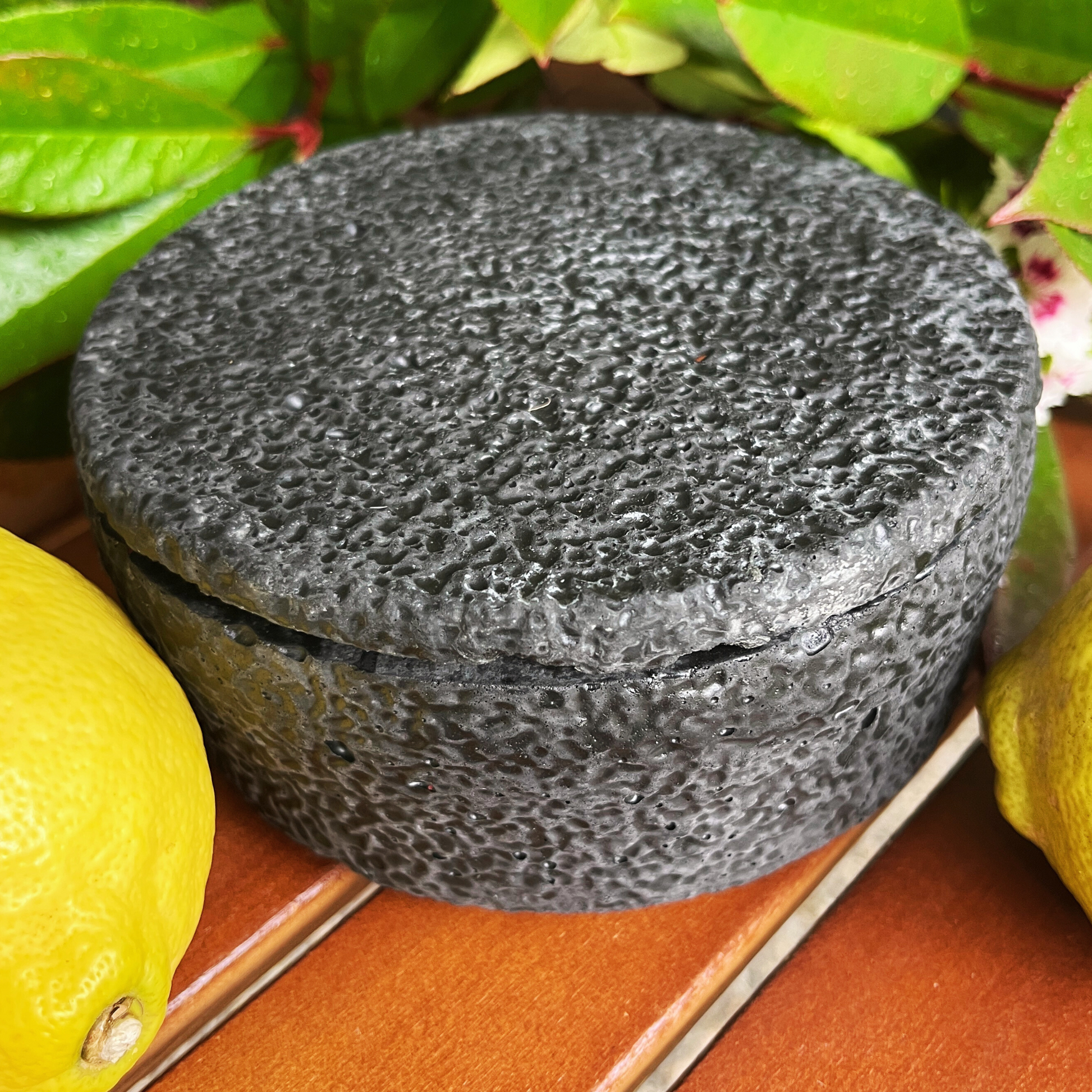 HANDGEMACHTE Citronella BETONKERZE Schwarz - Stilvolle Sojawachskerze für Ihr Zuhause. Outdoor Kerze mit Blütenverzierung und HOCHWERTIGEM Holzdocht aus dem Südschwarzwald 