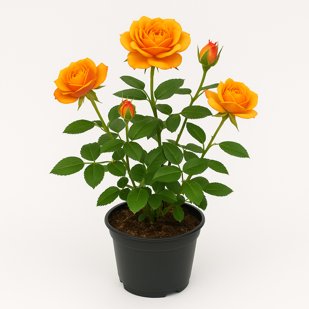 Zwergrose orange/gelb – kompakte Minirose für Garten, Balkon & Kübel – winterhart, pflegeleicht & reichblühend – zweifarbige Blüten in warmen Orangetönen 