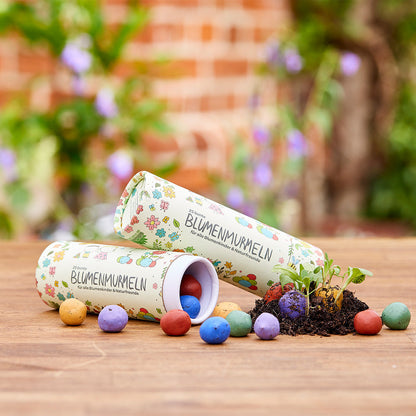 Dose mit 25 bunten Blumenmurmeln 