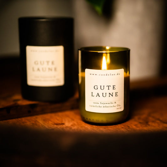 Gute Laune Duftkerze – Handgefertigte Sojawachskerze – 250ml – Frischer Zitrusduft mit Orange Zitrone Grapefruit & Bergamotte – Nachhaltige Kerze im Upcycling-Glas