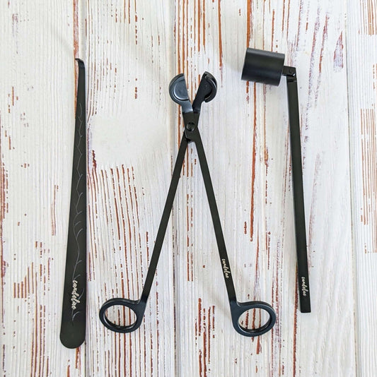 Kerzenpflege-Set Schwarz – Dochtschere Kerzenlöscher & Dochtheber aus Edelstahl – Zubehör für Duftkerzen – Verlängert Brenndauer & reduziert Ruß