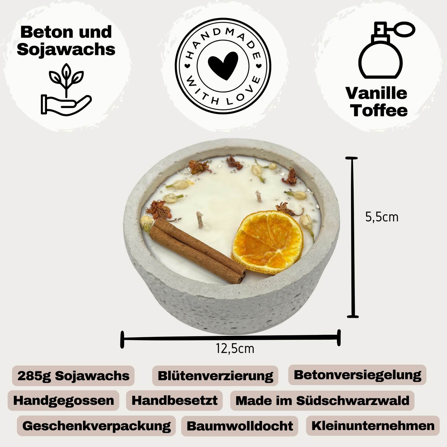 Zwei Docht Betonkerze Betongrau „Grey Orange“ für Herbst und Winter - Stilvolle Aroma Sojawachskerze für Ihr Zuhause. Mit Blütenverzierung und HOCHWERTIGEM Baumwolldocht aus dem Südschwarzwald 