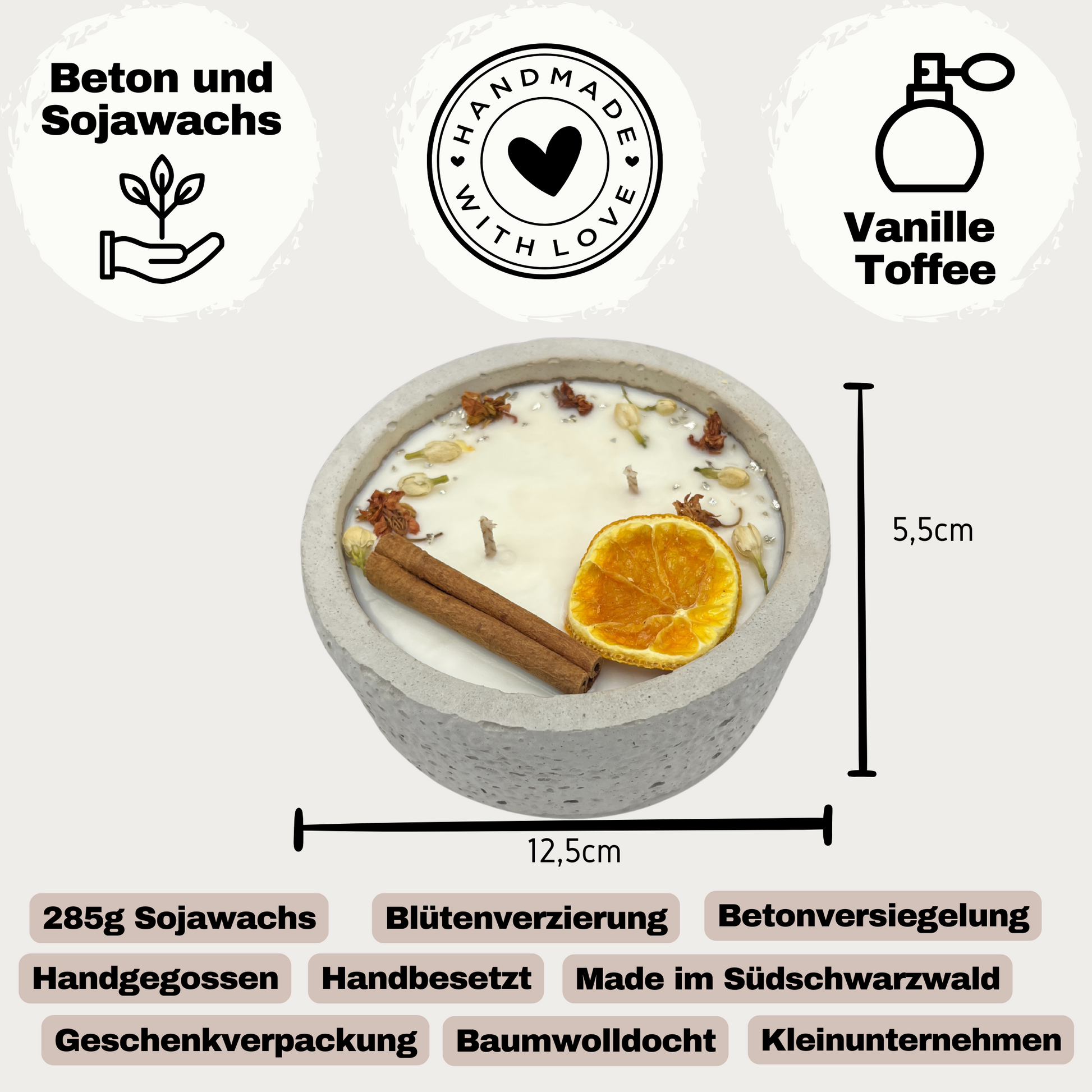 Zwei Docht Betonkerze Betongrau „Grey Orange“ für Herbst und Winter - Stilvolle Aroma Sojawachskerze für Ihr Zuhause. Mit Blütenverzierung und HOCHWERTIGEM Baumwolldocht aus dem Südschwarzwald 