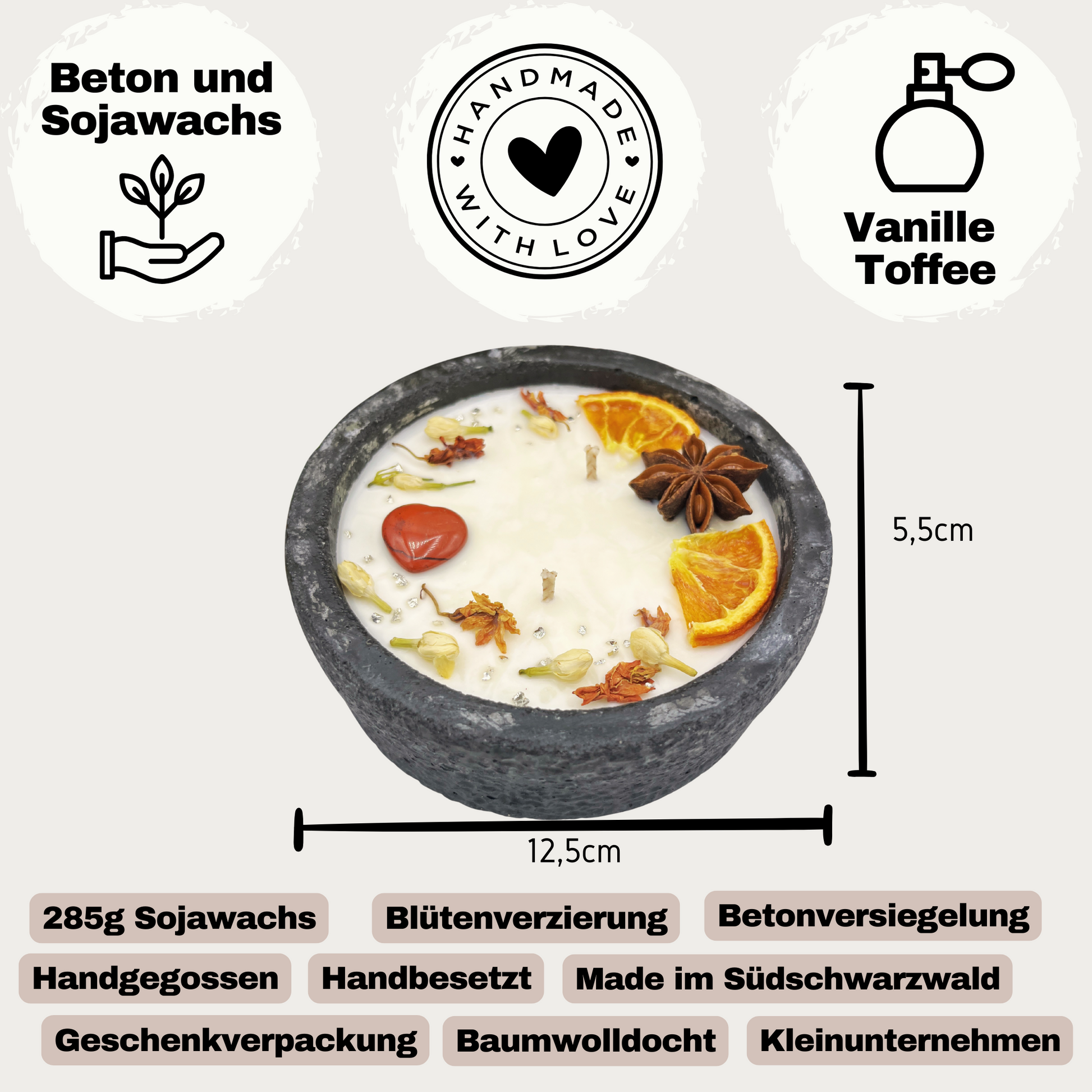 Black Edition Handgemachte Betonkerze „Black Hearts“ - Stilvolle Sojawachskerze für Ihr Zuhause. Mit Blütenverzierung und HOCHWERTIGEM Baumwolldocht aus dem Südschwarzwald 