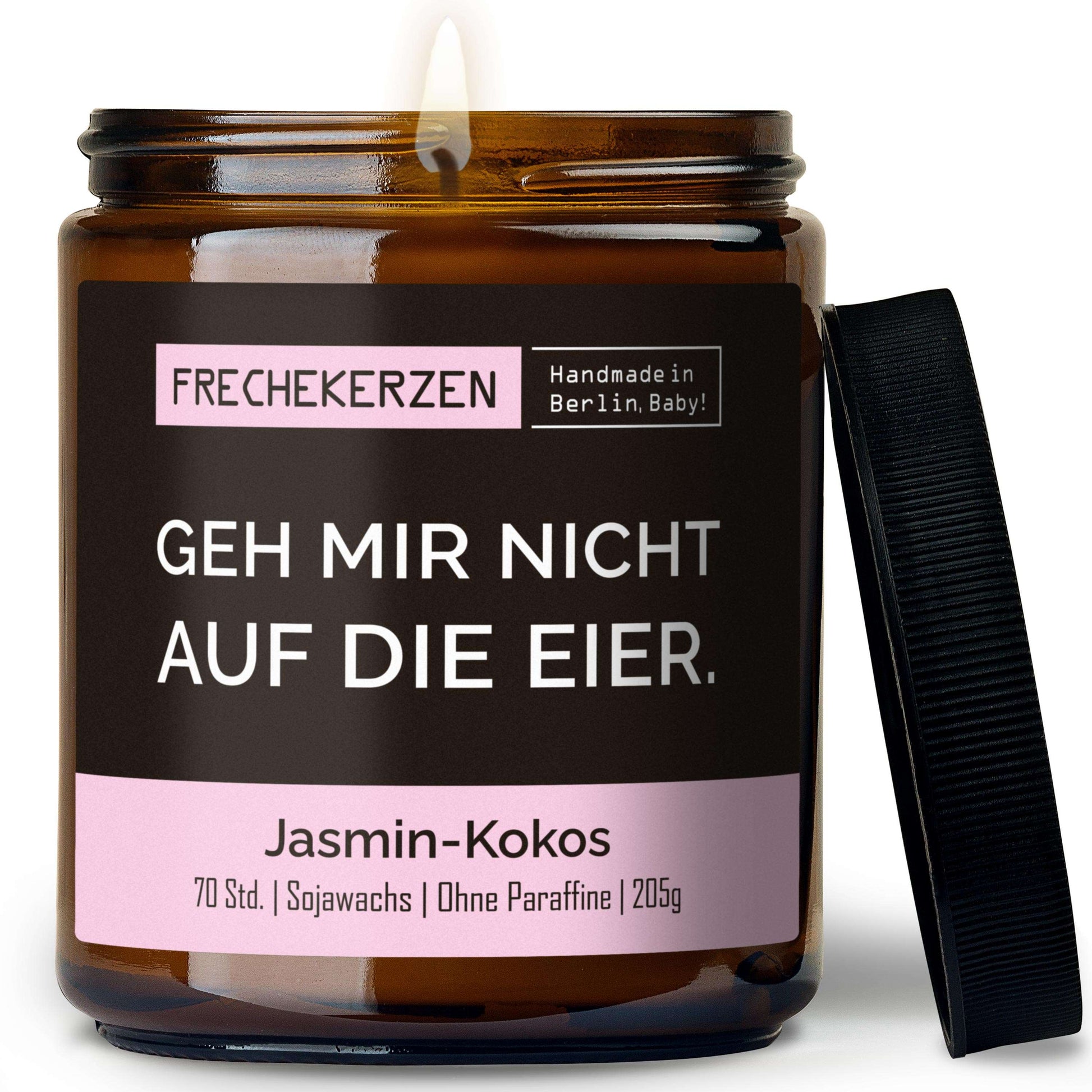 Duftkerze mit Deckel und Spruch „geh mir nicht auf die eier“ – Lustige Kerze im Glas – Humorvolle Geschenkidee & freche Deko