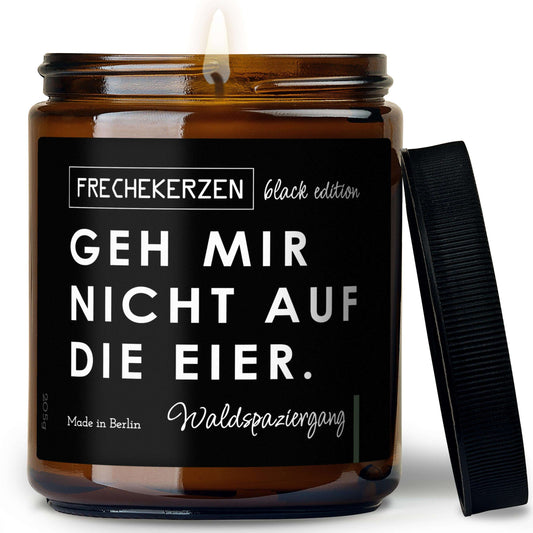Sojawachs Duftkerze Black Edition mit Spruch „geh mir nicht auf die eier“ – Freche Kerze im Glas – Humorvolle Oster Geschenkidee & moderne Deko