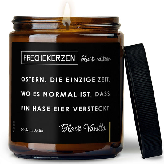Oster Duftkerze Black Edition mit Spruch „ostern. die einzige zeit…“ – Lustige Kerze im Glas – Humorvolle Oster Geschenkidee & moderne Deko
