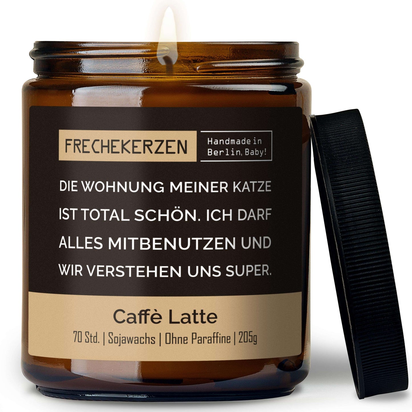 Geschenkkerze mit Spruch „die wohnung meiner katze ist total schön…“ – Lustige Duftkerze im Glas für Katzenfreunde – Humorvolle Wohnungs Deko
