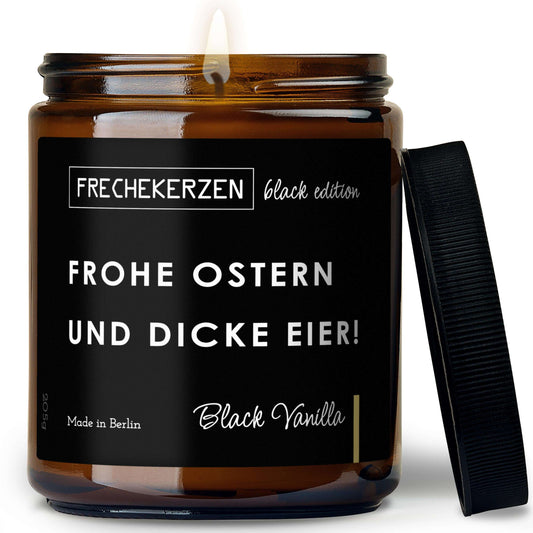 Duftkerze Black Edition mit Spruch „frohe ostern und dicke eier!“ – Lustige Oster Kerze im Glas – Humorvolle Geschenkidee & moderne Frühlingsdeko