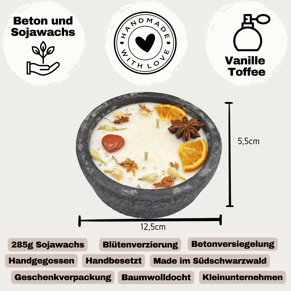 Black Edition Handgemachte Betonkerze „Black Hearts“ - Stilvolle Sojawachskerze für Ihr Zuhause. Mit Blütenverzierung und HOCHWERTIGEM Baumwolldocht aus dem Südschwarzwald 