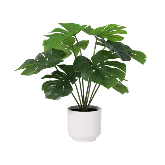 Künstliche Monstera Deliciosa 50cm im weißen Topf – realistische Fensterblatt Kunstpflanze mit geschlitzten Blättern – pflegefreie Zimmerdeko für Regal, Fensterbank & Schreibtisch – ganzjährig grün 