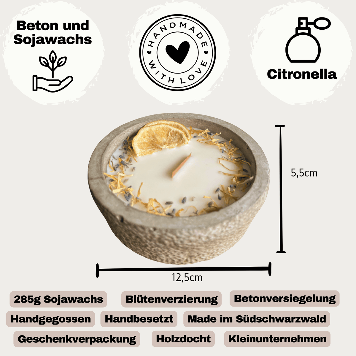 Black Edition HANDGEMACHTE Citronella BETONKERZE - Stilvolle Sojawachskerze für Ihr Zuhause. Outdoor Kerze mit Blütenverzierung und HOCHWERTIGEM Holzdocht aus dem Südschwarzwald 