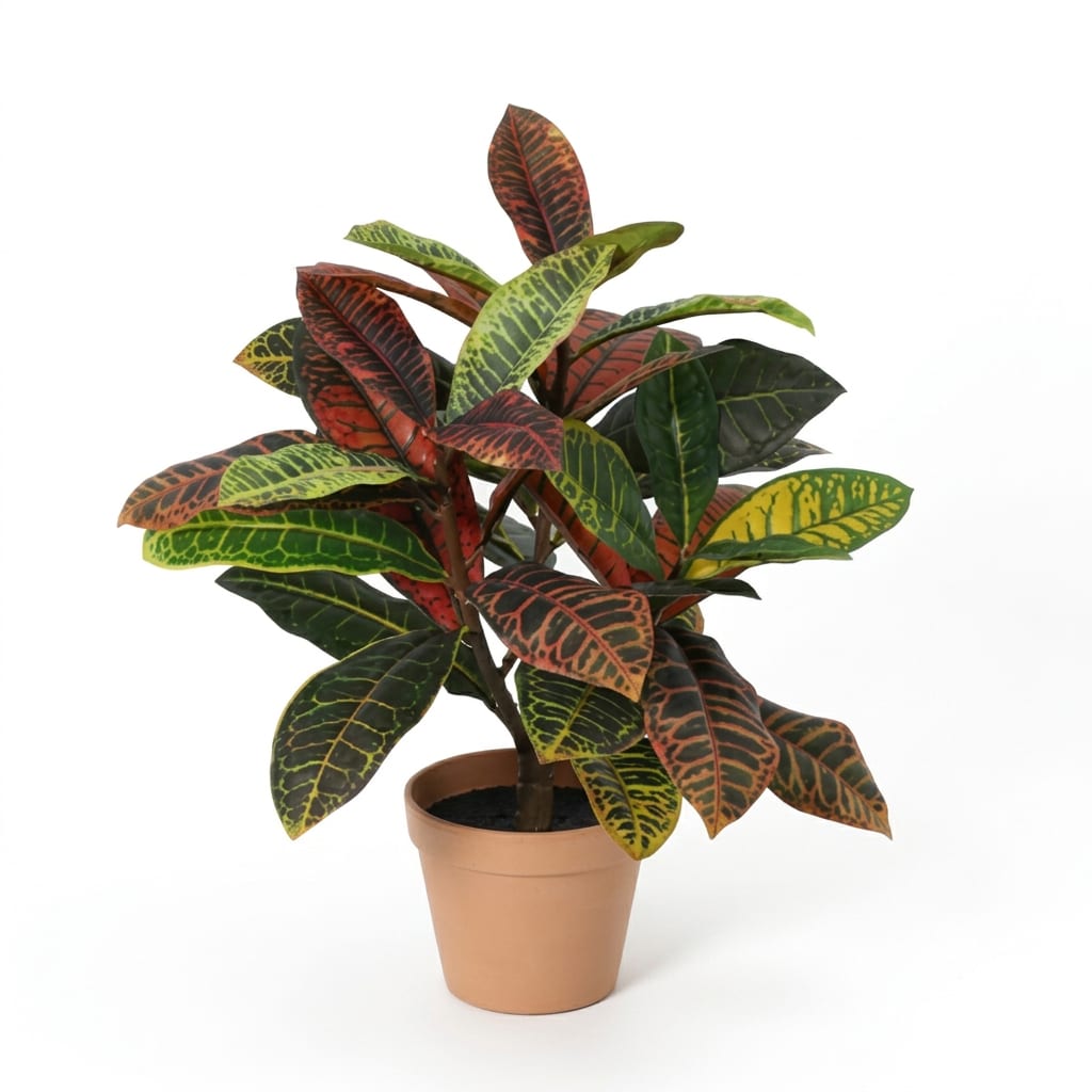 Künstlicher Croton Codiaeum 40cm Wunderstrauch im Topf – bunte Kunstpflanze mit dekorativen Blättern – pflegefreie Zimmerdeko für Regal, Fensterbank & Schreibtisch – ganzjährig farbstark, ohne Gießen 