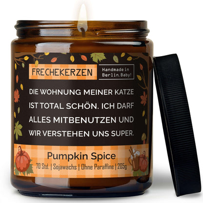 Geschenkkerze mit Spruch „die wohnung meiner katze ist total schön…“ – Lustige Duftkerze im Glas für Katzenfreunde – Humorvolle Wohnungs Deko