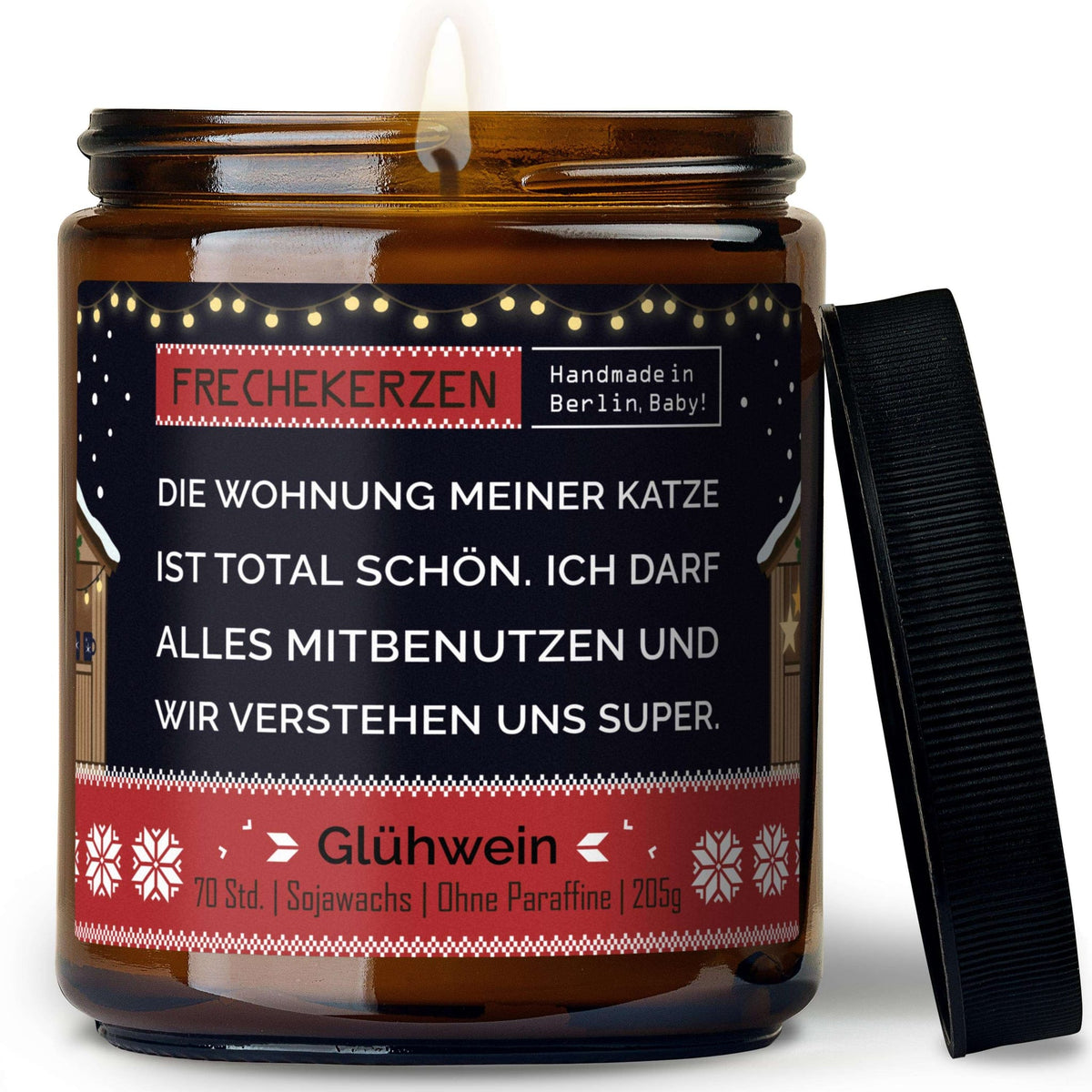 Geschenkkerze mit Spruch „die wohnung meiner katze ist total schön…“ – Lustige Duftkerze im Glas für Katzenfreunde – Humorvolle Wohnungs Deko
