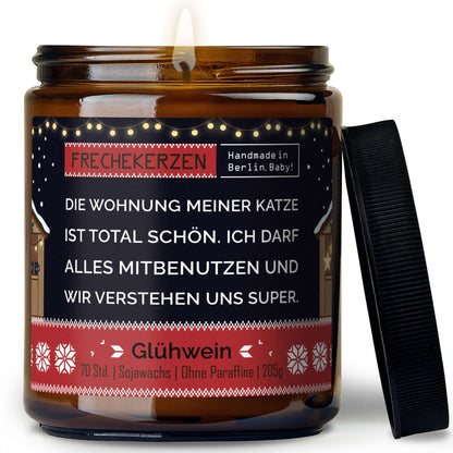 Geschenkkerze mit Spruch „die wohnung meiner katze ist total schön…“ – Lustige Duftkerze im Glas für Katzenfreunde – Humorvolle Wohnungs Deko
