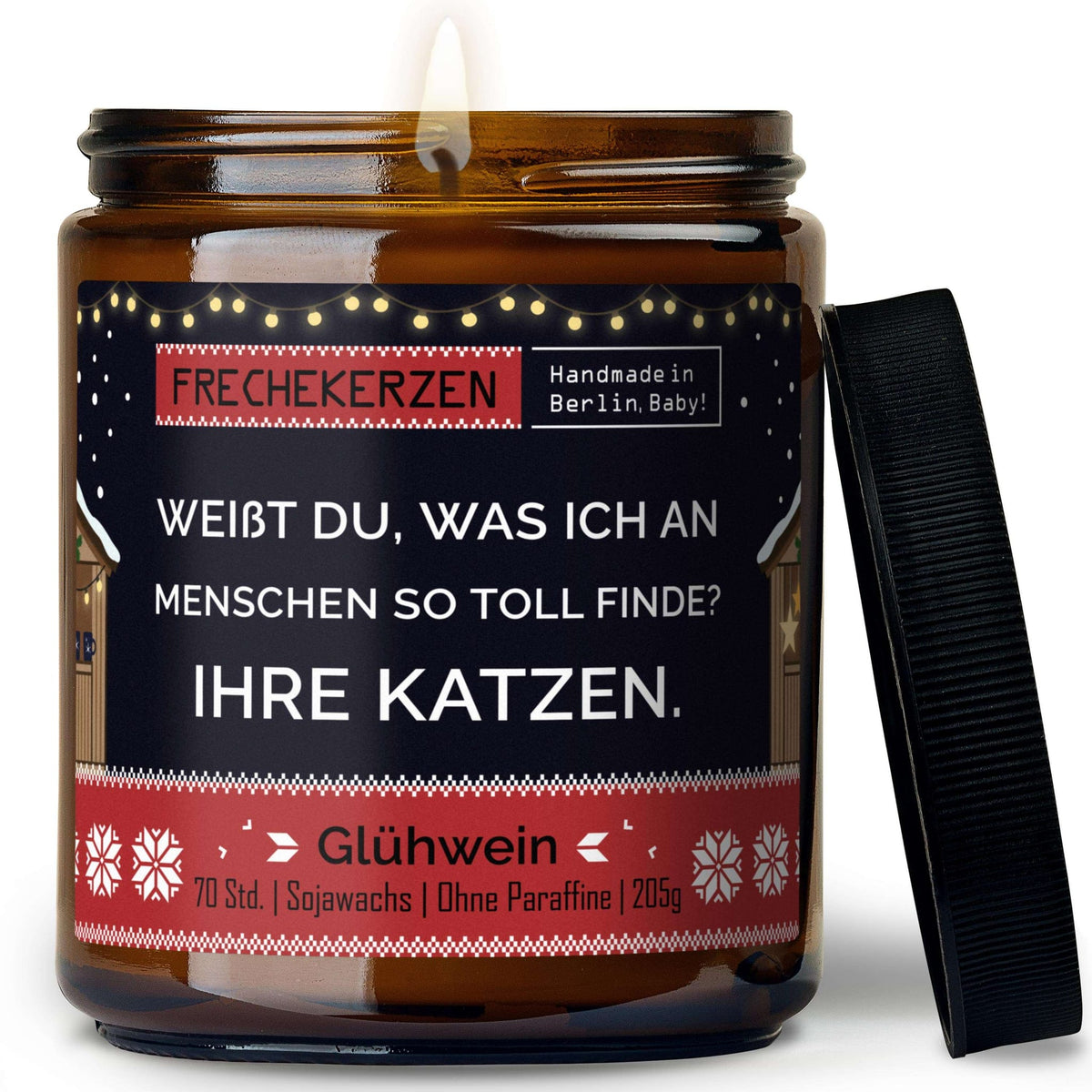 Lustige Duftkerze mit Spruch „weißt du, was ich an menschen so toll finde? ihre katzen.“ – Kerze im Glas für Katzenfans – Humorvolle Geschenkidee