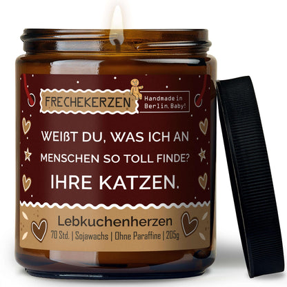 Lustige Duftkerze mit Spruch „weißt du, was ich an menschen so toll finde? ihre katzen.“ – Kerze im Glas für Katzenfans – Humorvolle Geschenkidee