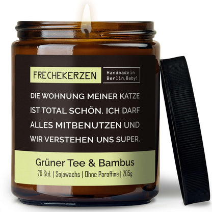 Geschenkkerze mit Spruch „die wohnung meiner katze ist total schön…“ – Lustige Duftkerze im Glas für Katzenfreunde – Humorvolle Wohnungs Deko