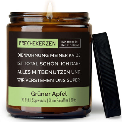 Geschenkkerze mit Spruch „die wohnung meiner katze ist total schön…“ – Lustige Duftkerze im Glas für Katzenfreunde – Humorvolle Wohnungs Deko
