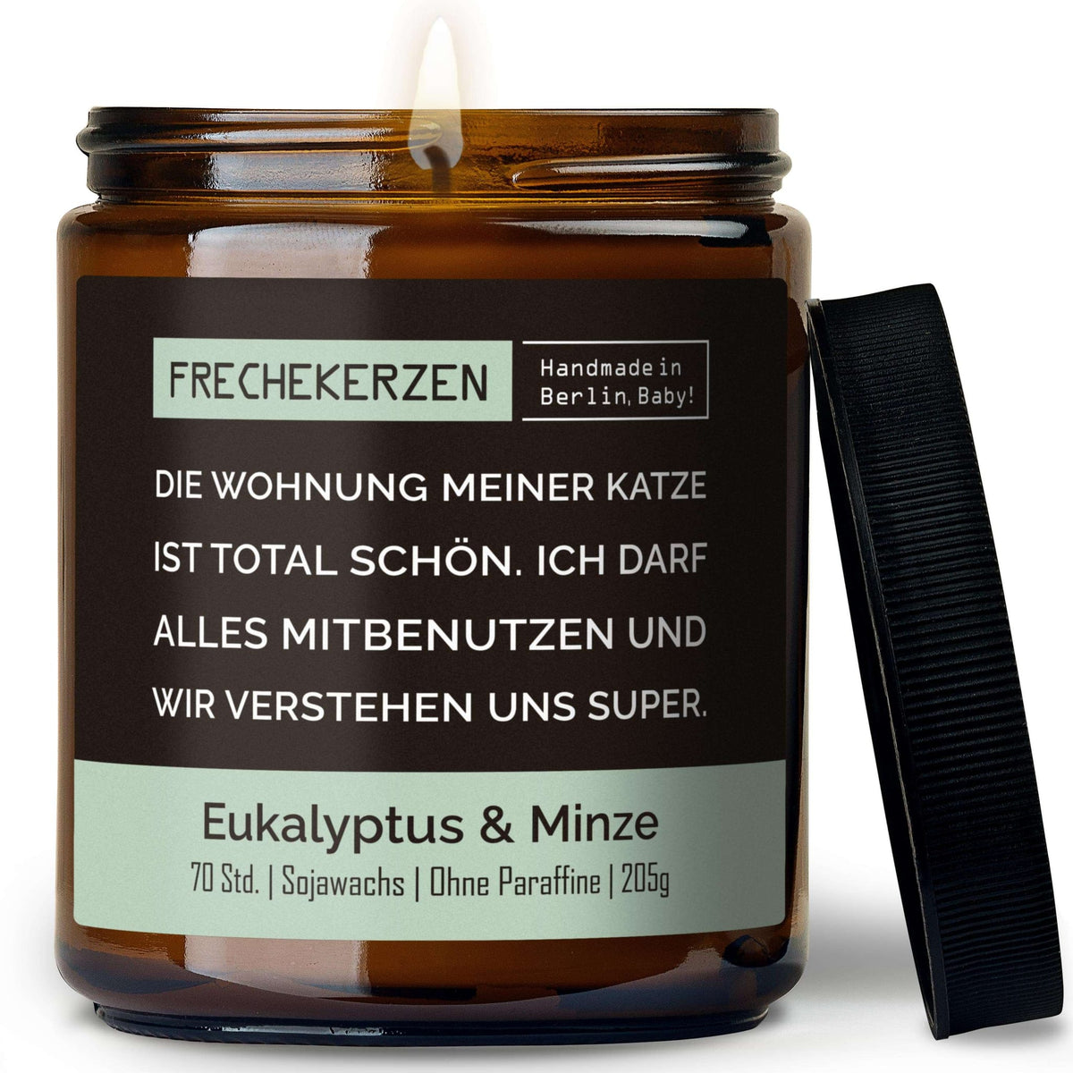 Geschenkkerze mit Spruch „die wohnung meiner katze ist total schön…“ – Lustige Duftkerze im Glas für Katzenfreunde – Humorvolle Wohnungs Deko