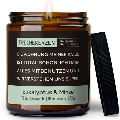 Geschenkkerze mit Spruch „die wohnung meiner katze ist total schön…“ – Lustige Duftkerze im Glas für Katzenfreunde – Humorvolle Wohnungs Deko