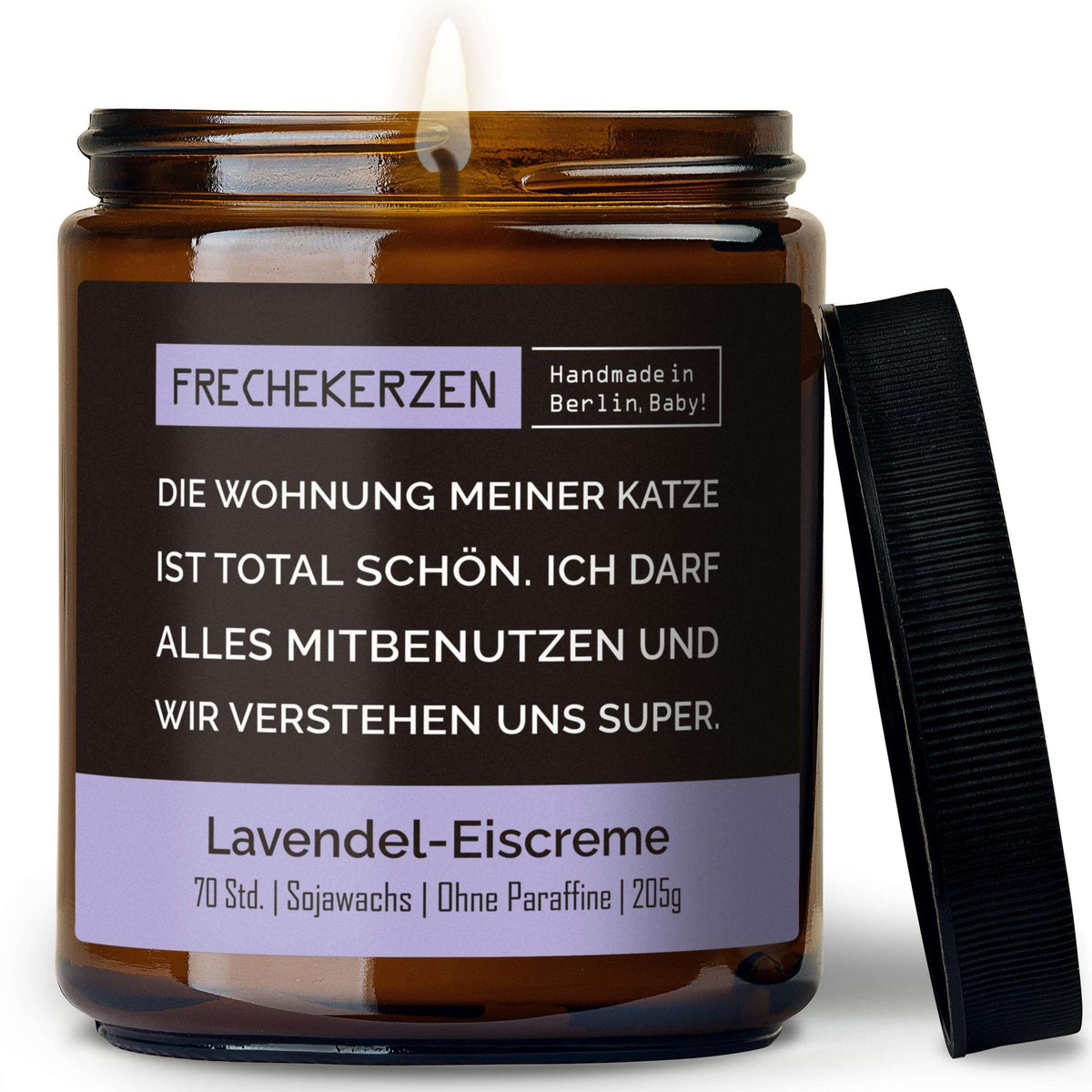 Geschenkkerze mit Spruch „die wohnung meiner katze ist total schön…“ – Lustige Duftkerze im Glas für Katzenfreunde – Humorvolle Wohnungs Deko