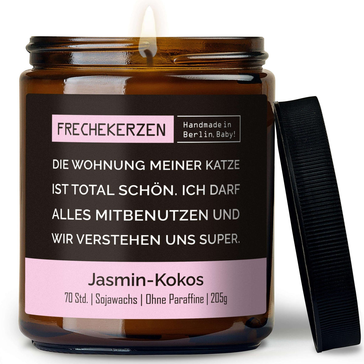 Geschenkkerze mit Spruch „die wohnung meiner katze ist total schön…“ – Lustige Duftkerze im Glas für Katzenfreunde – Humorvolle Wohnungs Deko