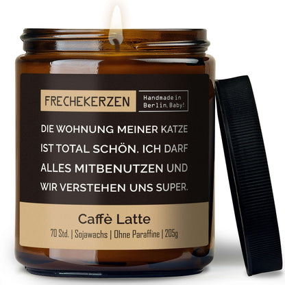 Geschenkkerze mit Spruch „die wohnung meiner katze ist total schön…“ – Lustige Duftkerze im Glas für Katzenfreunde – Humorvolle Wohnungs Deko