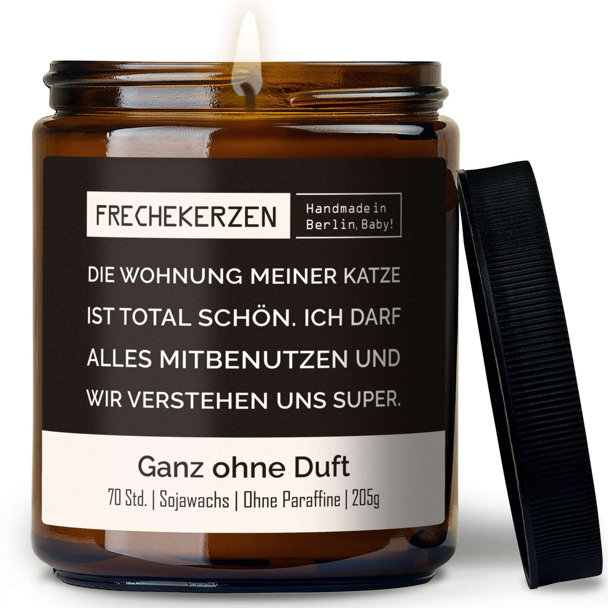 Geschenkkerze mit Spruch „die wohnung meiner katze ist total schön…“ – Lustige Duftkerze im Glas für Katzenfreunde – Humorvolle Wohnungs Deko