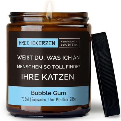Lustige Duftkerze mit Spruch „weißt du, was ich an menschen so toll finde? ihre katzen.“ – Kerze im Glas für Katzenfans – Humorvolle Geschenkidee