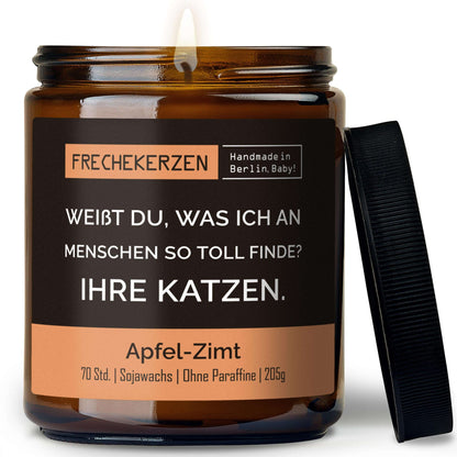 Lustige Duftkerze mit Spruch „weißt du, was ich an menschen so toll finde? ihre katzen.“ – Kerze im Glas für Katzenfans – Humorvolle Geschenkidee